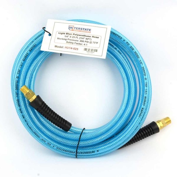 Interstate Pneumatics Light Blue Polyurethane (PU) Hose 1/4 Inch x 25 feet 200 PSI with two 1/4 Inch Swivel Fittings HU14-025S